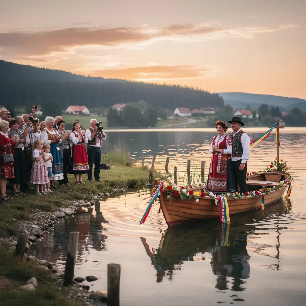 A vibrant folk festival showcasing traditional Slovak costumes and lively music performances.